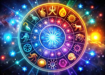 Colorful Zodiac Symbols Representing All Twelve Astrological Signs on a Starry Background