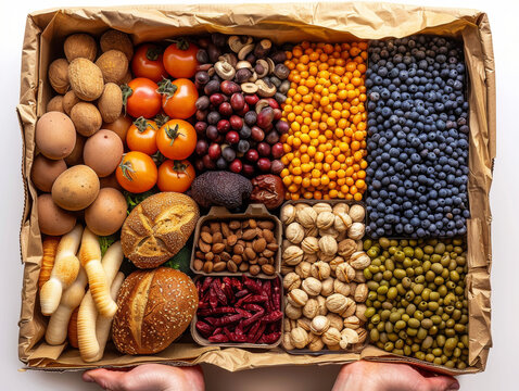 A colorful assortment of fresh fruits and nuts displayed in a box, highlighting a vibrant and healthy lifestyle.