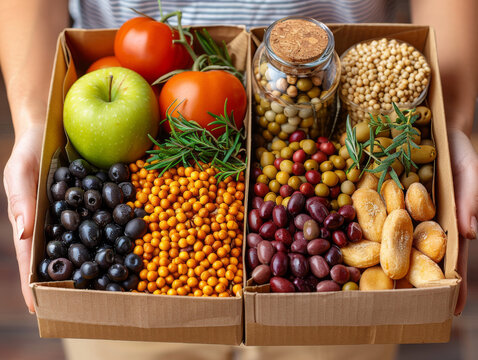 A woman holds two boxes filled with fresh fruits and vegetables, showcasing vibrant colors and healthy choices.