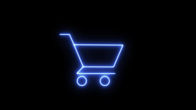 Neon shopping cart icon, colorful glowing supermarket trolly moving animation. neon icon animation on black background.