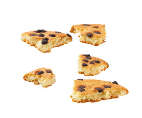 Broken chocolate chip cookies isolated on white background.