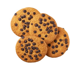 Heap of cookies with chocolate chips isolated on white background, top view.