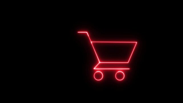 Neon shopping cart icon, colorful glowing supermarket trolly moving animation. neon icon animation on black background.