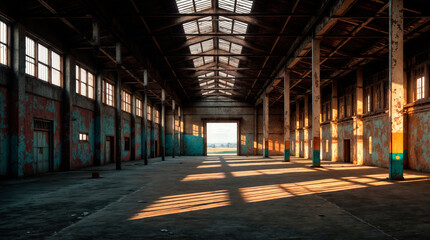 Obraz premium Abandoned industrial warehouse interior with sunlight streaming through windows and skylight, revealing colorful peeling walls and empty floor space