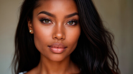 Fototapeta premium Beautiful African American woman with flawless skin and natural makeup, showcasing confidence and elegance in a close-up portrait with soft lighting