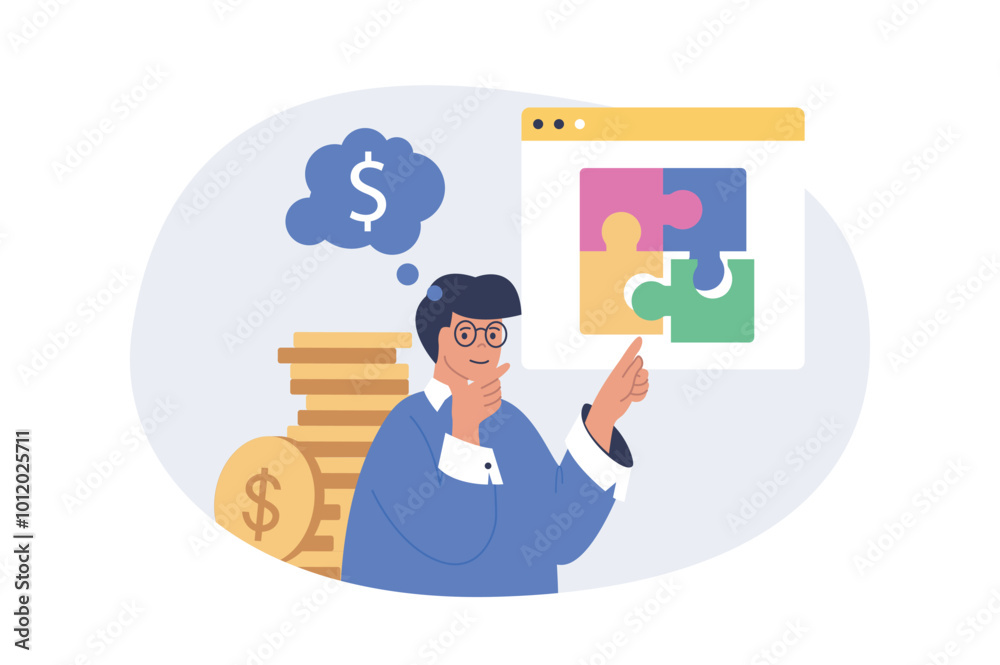 Aufkleber Business concept in modern flat design for web. Businessman analyzing financial strategy, solving job puzzles and finding solutions, developing company with investment money. Vector illustration.
