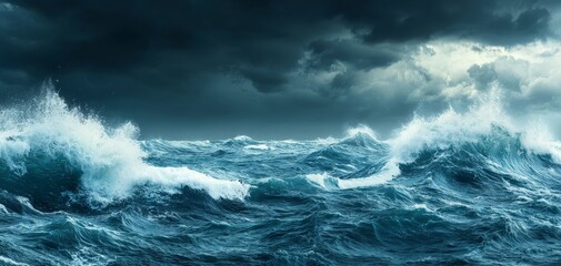Dramatic Stormy Sea with Churning Waves in Turbulent Ocean - Intense Power and Danger, Moody Atmosphere in Wide-Angle Shot
