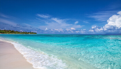 Fototapeta premium Spectacular sea view with white sandy beach, blue sky and white clouds. An island and panoramic view in the Maldives.