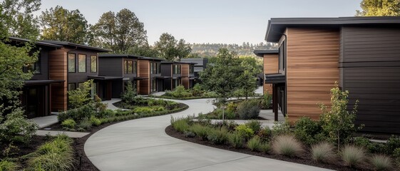 Fototapeta premium Serene Modern Residential Complex with Curved Concrete Pathway Leading through Minimalist Architecture and Landscaping, Tranquil Morning Atmosphere