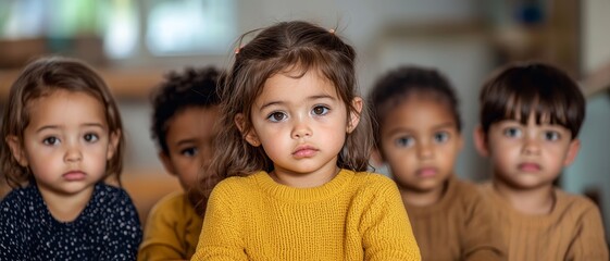 Obraz premium Serene Diversity Closeup Portrait of Thoughtful Children in Warm Indoor Setting