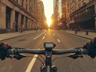 Urban Cycling Adventure First-Person View of Handlebars in Vibrant City Street, Motion Blur Bikers - Exciting Cityscape Exploration Concept