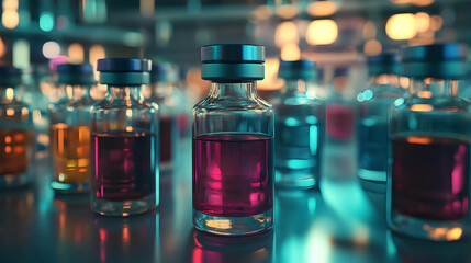 Closeup of Glass Bottles with Colored Liquids - 3D Illustration