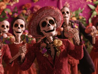 Obraz premium Vibrant Day of the Dead Skeleton in Red Suit Festive Celebration with Floral Decorations