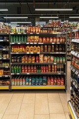 Vibrant Canned Goods Aisle Eye-catching Variety in Supermarket Brightly Lit Shelves with Colorful Labels, Metal Contrasts Commercial Marketing, Grocery Display