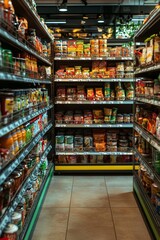 Fototapeta premium Symmetrical Abundance Vibrant Supermarket Aisle with Assorted Packaged Food, Warm Lighting and Orderly Display Retail Concept