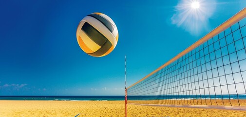 Vibrant Beach Volleyball Game Closeup of Colorful Textured Ball Flying Over Net on Sunny Summer Shoreline - Sports Activity Concept