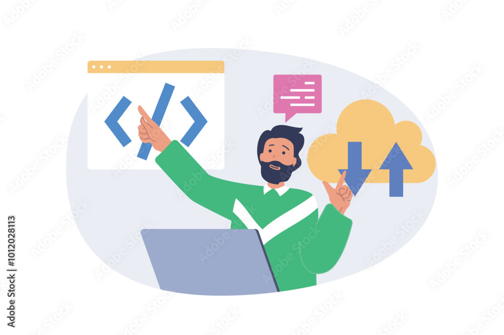 Aufkleber cloud computing concept in modern flat design for web. man programming code and using online process