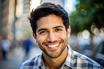 Fototapeta premium Confident Hispanic Male Smiling Against a Bright Background in Casual Attire with Natural Expression