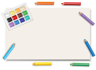 lbum sheet for drawing on a white background. Colored pencils and watercolor paints. An art palette for drawing. Bright colors. White background. Graphics for decorating.