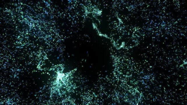 Abstract animation of vibrant blue particles bursting outward in a firework effect on a black background, rendered in smooth 60 FPS.