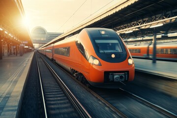 Sleek High-Speed Orange Train Racing Through Modern Urban Station, Dynamic Motion Blur Concept