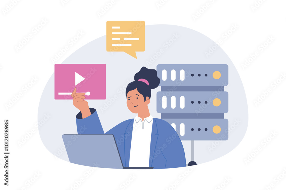 Leinwandbilder cloud computing concept in modern flat design for web. woman working with online processing service,