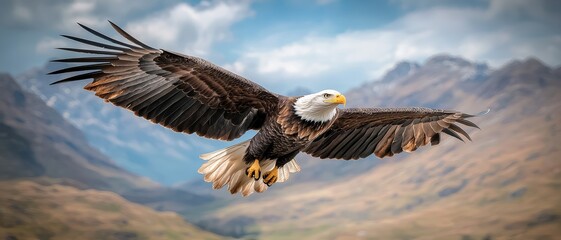 Majestic Bald Eagle Soaring Over Mountain Peaks in Blue Skies - Wildlife Freedom and Power