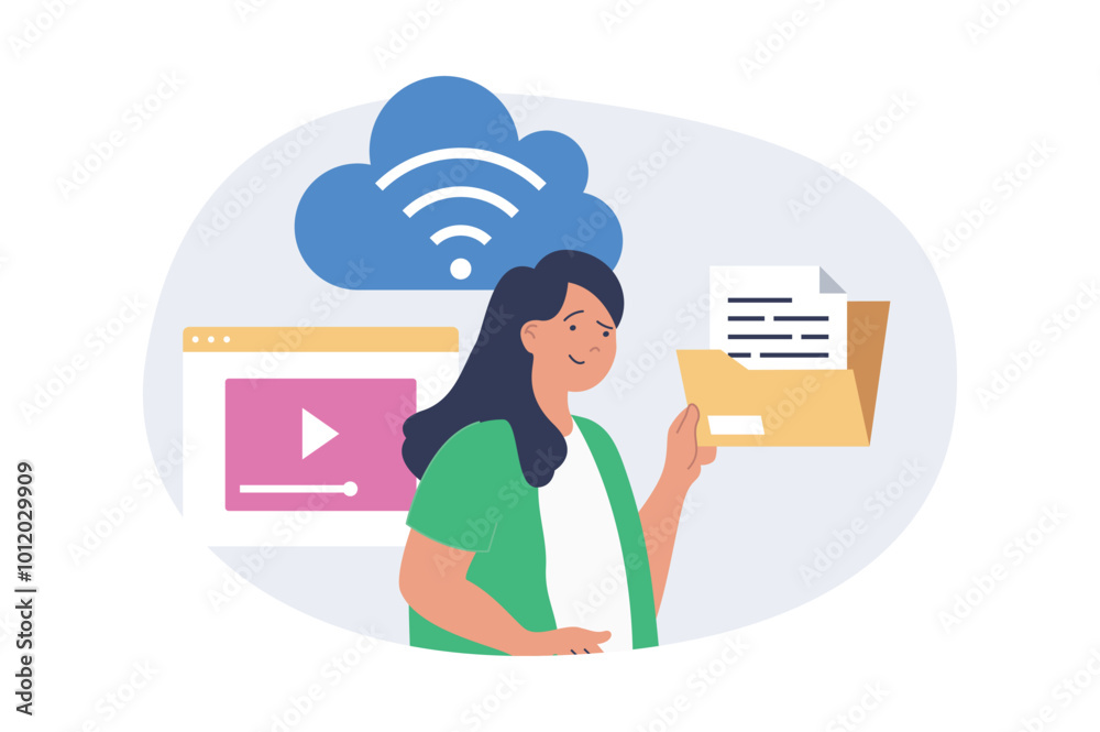 Aufkleber cloud computing concept in modern flat design for web. woman working with online processing service,