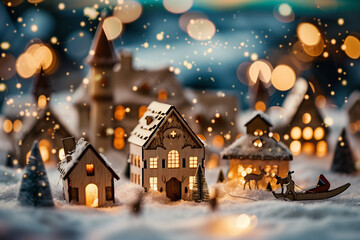 Fototapeta premium Christmas cute illustration. Adorable Christmas decor with wooden houses lit by candles and snowy landscape