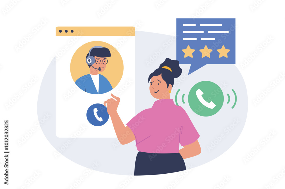 Aufkleber Contact us concept in modern flat design for web. Woman calling in technical support for solving her problem and leaving feedback comment with rating and user satisfaction. Vector illustration.