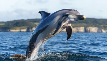 Fototapeta premium Joyful bottlenose dolphin leaping through the waves showcasing its playful spirit in a vibrant marine setting, celebrating the beauty of wildlife.