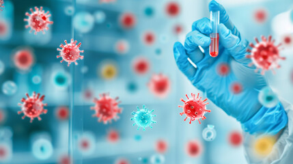 Fototapeta premium Hand Holding Blood Sample Amidst Virus Visualization
