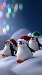Obraz premium Three penguins wearing red hats and green hats are standing on a snowy hill