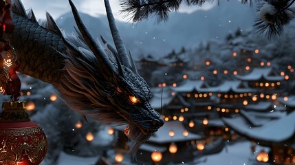 A dragon is looking at the camera with its eyes glowing red