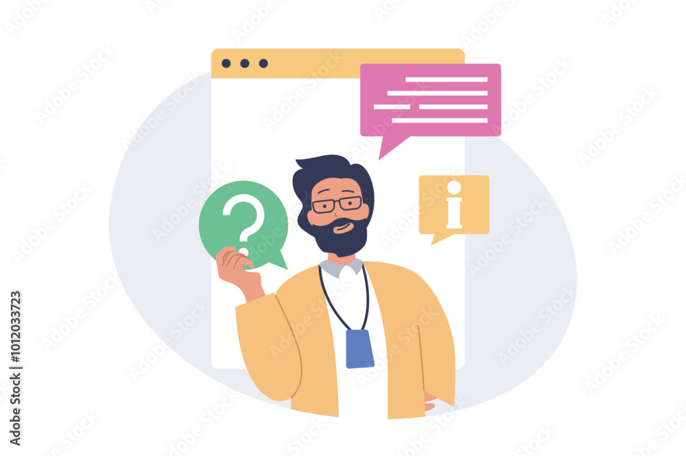 Aufkleber contact us concept in modern flat design for web. man chatting online with operator of support cente