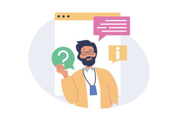 Contact us concept in modern flat design for web. Man chatting online with operator of support center, getting advice and information, finding solutions for his questions in info. Vector illustration.