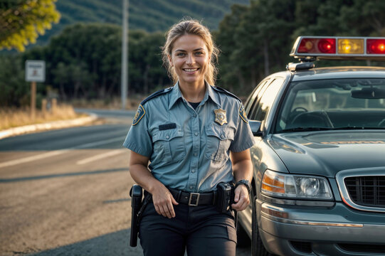 American policewoman in uniform in front of a police car. She is smiling and she is happy
