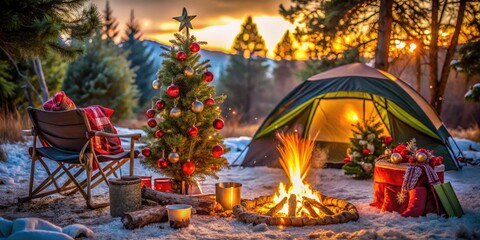 Cozy Christmas Camping Under the Stars with a Warm Fire and Festive Decorations in Nature