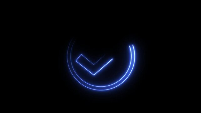 Glowing green chick mark. Neon green ok button animation on black background.