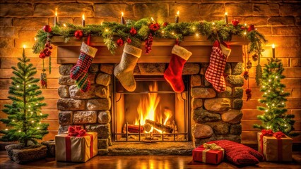 Fototapeta premium Cozy Christmas Decorated Fireplace with Stockings, Garland, and Warm Glow of Firelight in Home