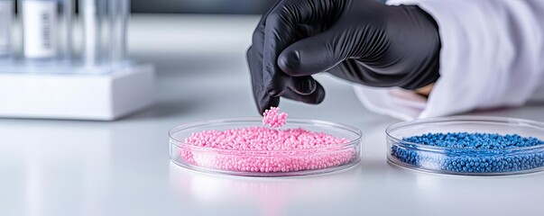 Nanoparticles manipulating biological pathways, displayed in petri dishes, delicate lighting bringing out vibrant biological colors against a neutral lab background