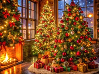 Cozy Christmas Scene with a Beautifully Decorated Tree, Warm Lights, and Festive Decorations