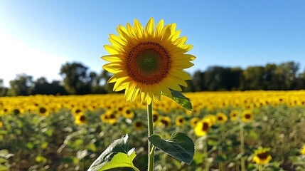 A single sunflower stands tall in a field of sunflowers.