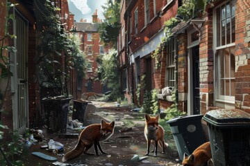 Foxes hunting near English houses, tearing open trash bags and scattering debris