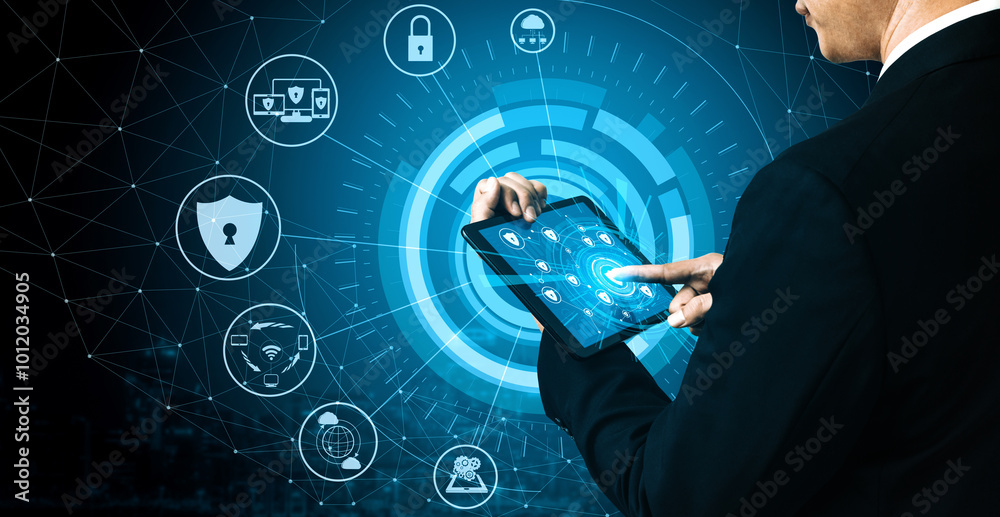 Aufkleber cyber security and digital data protection concept. icon interface showing secure firewall technolog