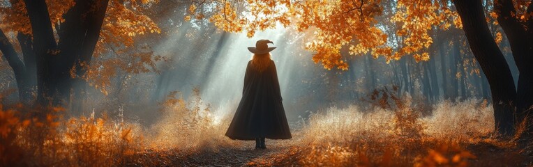 Whimsical Witch Walking in Autumn Forest Among Golden Leaves for Enchanting Halloween Scene