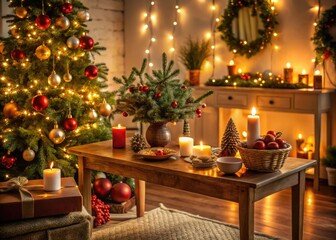 Obraz premium Cozy Christmas Vignette with Warm Lights, Ornaments, and Holiday Decorations on a Rustic Table