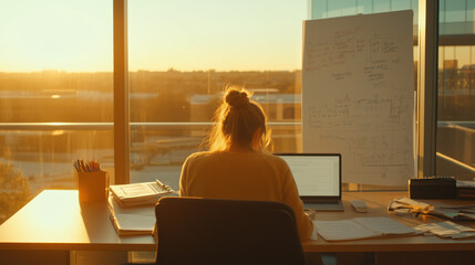Graduate student, woman studying at desk focusing on writing research with laptop, notebook, handwritten notes, diagrams, scrattered academic papers and large whiteboard. High education concept
