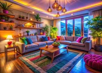 Cozy Family Living Room with Modern Decor, Soft Lighting, and Inviting Atmosphere for Relaxation