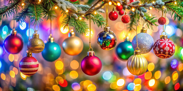 An assortment of colorful Christmas ornaments hanging from a tree branch, with a blurred background of twinkling lights.